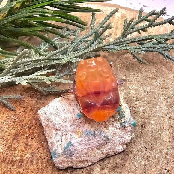 Nature Rainbow Fluorite Hand Carved Blessing Pi Xiu Adjustable Ring - Picture 2 of 10